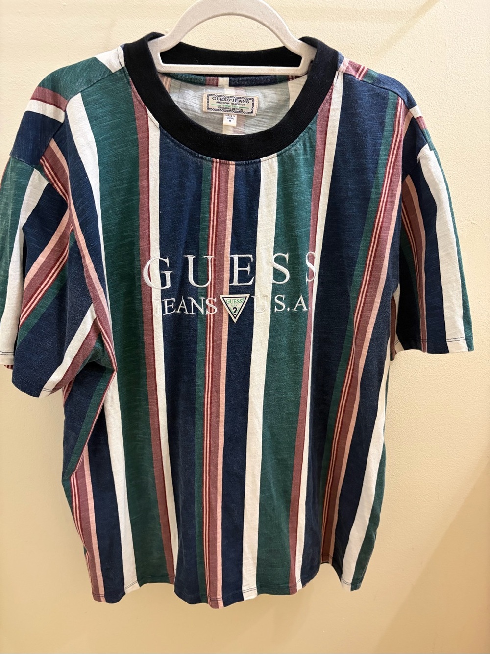 Vintage GUESS Jeans USA Striped Logo Tee - Green, Navy, White, Maroon